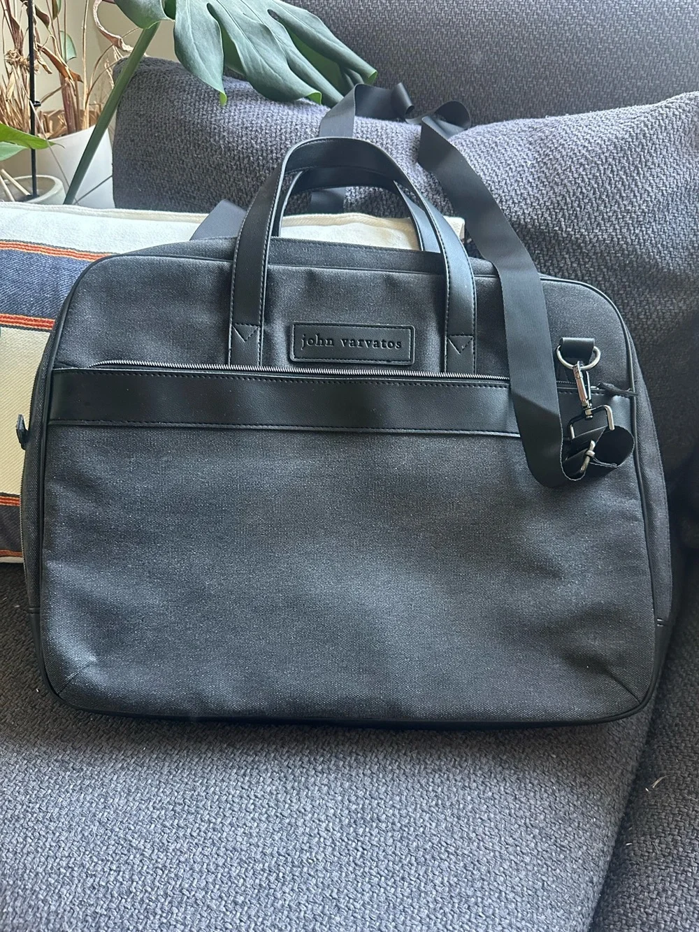 John Varvatos Men’s Gray Canvas Black Trim Laptop Briefcase Messenger Bag